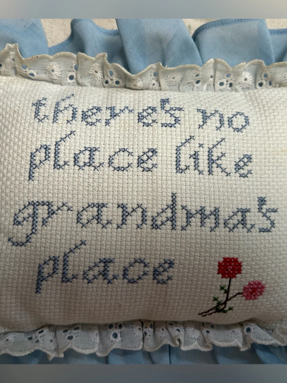 ‘There's No Place Like Grandma's Place' Blue Cross-Stitch Pillow, 10” end to end